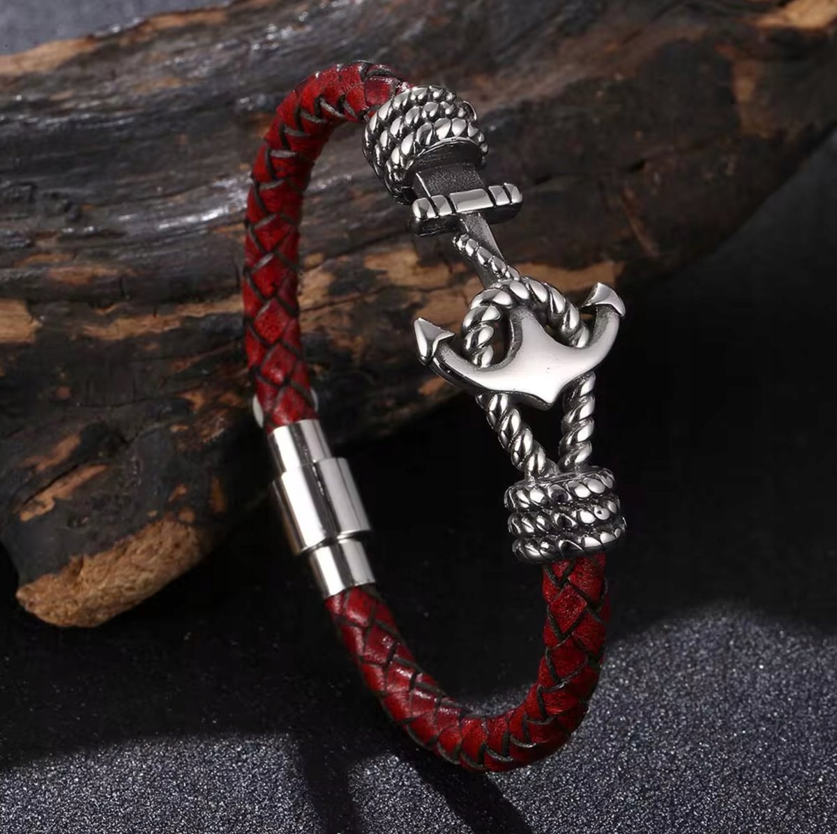 Bransoleta Kotwica Skórzana Stalowa Czerwona Pleciona Mocne Zapięcie Magnes