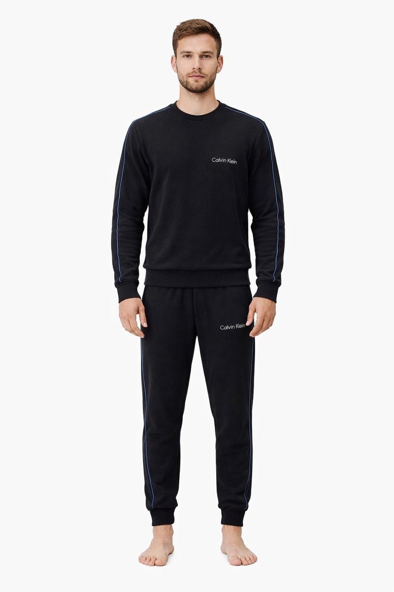 CALVIN KLEIN CZARNE SPODNIE DRESOWE Z NIEBIESKIM LAMPASEM S I3A