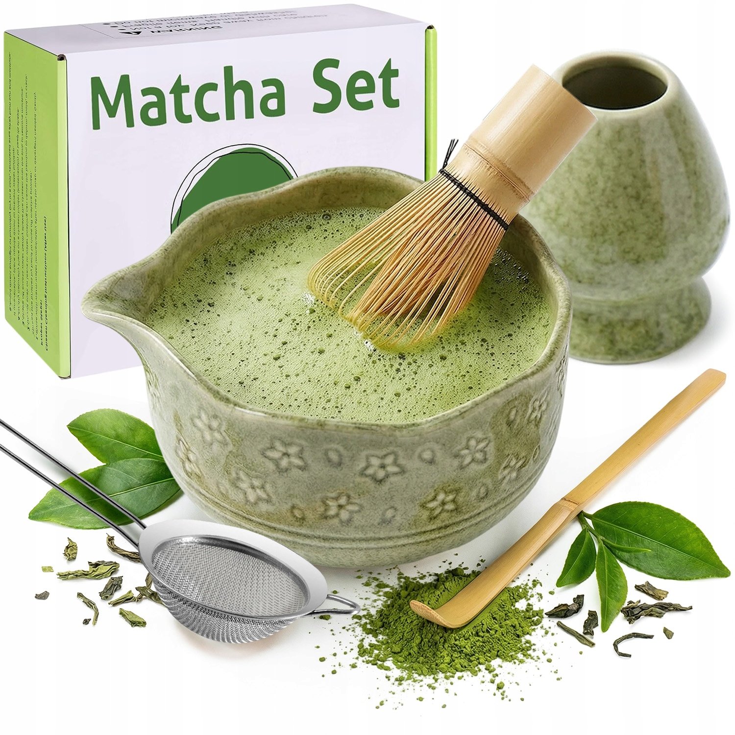 Zestaw Prezentowy Do Herbaty Matcha Czarka Miotełka Podstawka Łyżeczka 5EL.