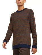 Bluzy męskie - JACK&JONES Męska bluza JJFLOW Knit Crew Neck Sweater, ciemnobrązowa, XL, Granatowe marynarki/paski: pomarańczowe paski, XL - miniaturka - grafika 1