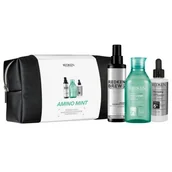 Szampony do włosów - Redken Amino-Mint Shampoo Zestaw szampon Amino-Mint Shampoo 300 ml + spray do włosów Brews Instant Thickening Spray 125 ml + kuracja do włosów Thickening Treatment 90 ml + kosmetyczka - miniaturka - grafika 1