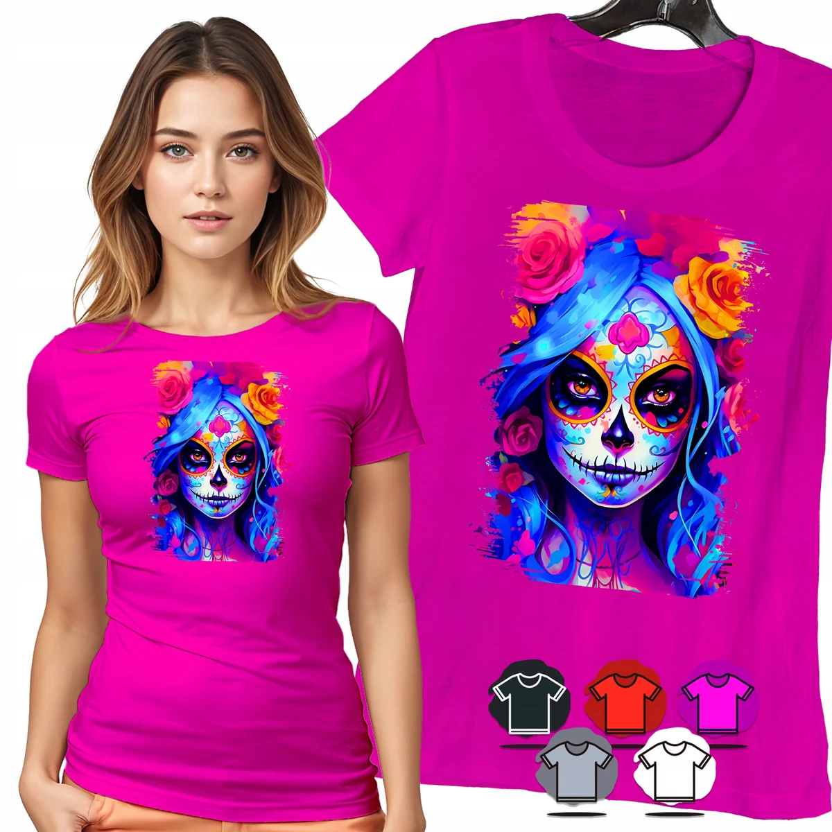 KOSZULKA DAMSKA T-SHIRT - SANTA MUERTE KOLOROWA CZASZKA KWIATY WZÓR - S