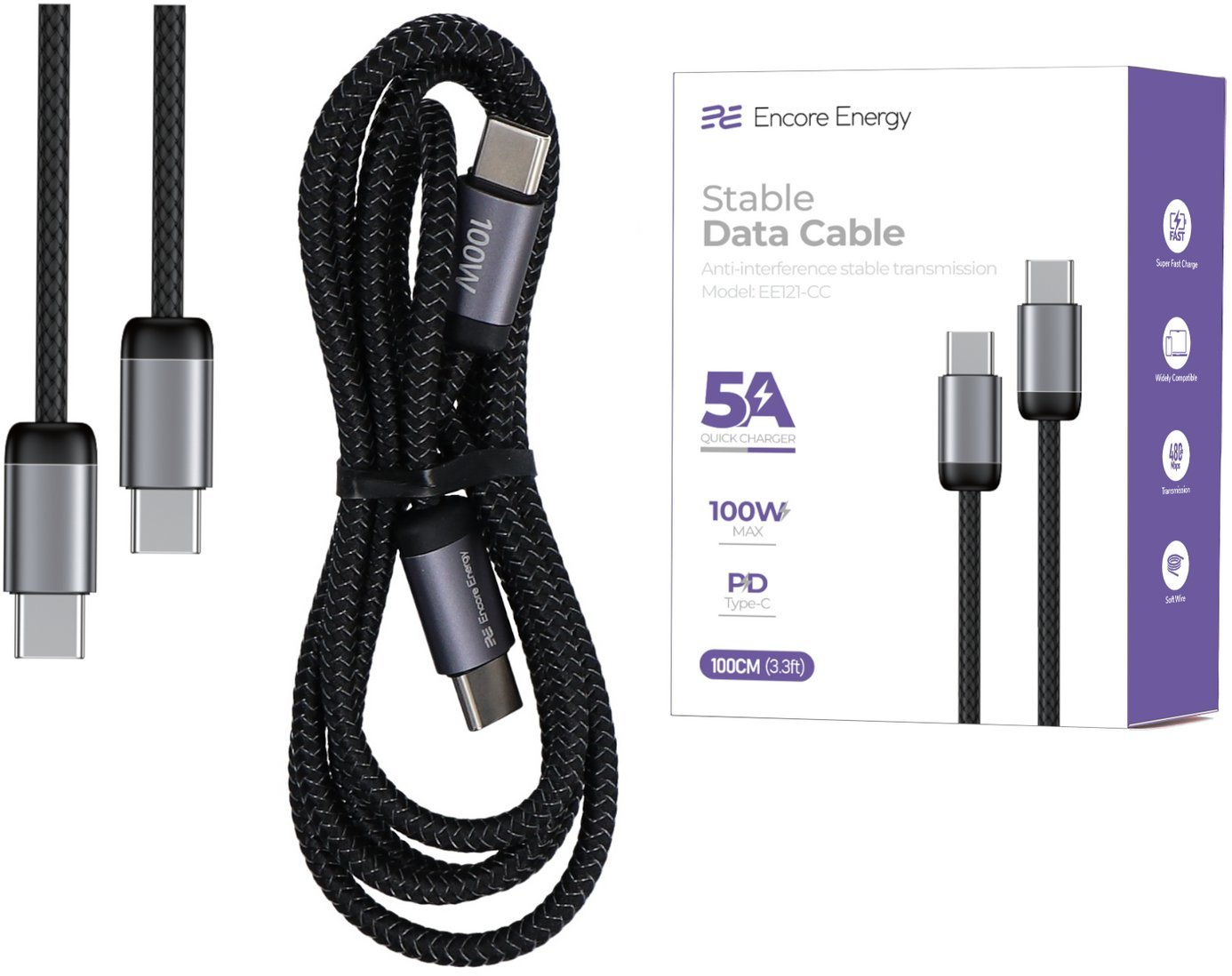 kabel Encore Energy USB-C x2 5A przewód QC PD 100W do ładowania i transferu danych 100 cm braided czarny EE121-CC-1M
