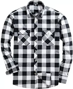 siliteelon Koszula flanelowa męska bawełniana koszula w kratkę Męska koszula z długim rękawem Regular Fit Casual Plaid Shirt, Czarny - biały, XL - Koszule męskie - miniaturka - grafika 1