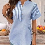 Koszule damskie - TEMU 059 Koszula z krótkim rękawem w paski, otwarty kołnierzyk - miniaturka - grafika 1