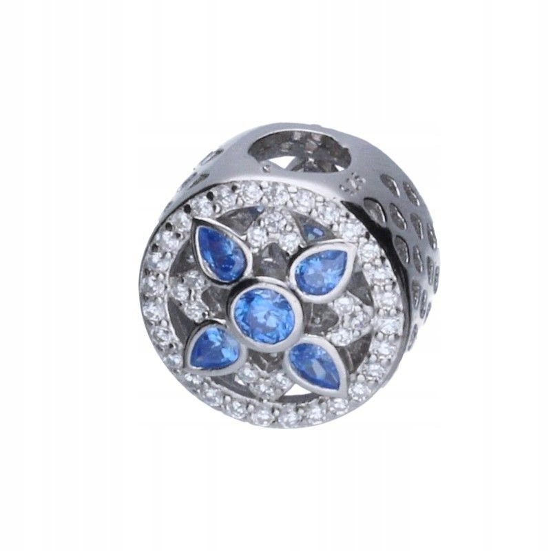 Elegancki koralik BEAD z cyrkoniami srebrna zawieszka 925 niebieski kwiatek