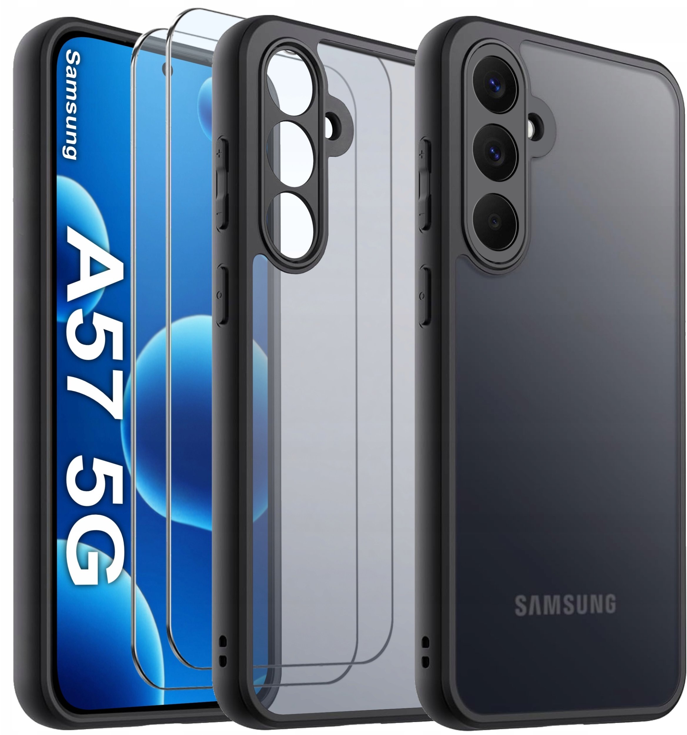 krainaGSM Etui do Samsung A57 5G CASE WZMACNIANE MATOWE CZARNE PANCERNE 2x SZKŁO