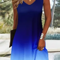 Sukienki - TEMU Damska sukienka gradientowa w kolorze niebieskim z dekoltem w szpic - krótki rękaw, rozciągliwa mieszanka poliestru, nadająca się do prania w - miniaturka - grafika 1