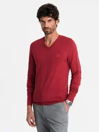 Swetry męskie - Męski elegancki sweter V-neck BASIC z wiskozą czerwony V20 OM-SWBS-0107 - Ombre Clothing - miniaturka - grafika 1