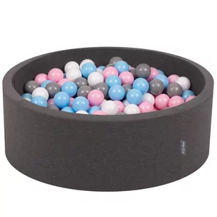 KiddyMoon Suchy basen okrągły z piłeczkami 7cm ciemnoszary: biały-szary-babyblue-pudrowy róż 90x30cm/200piłek Zabawka basen piankowy - Zabawki do kąpieli - miniaturka - grafika 1