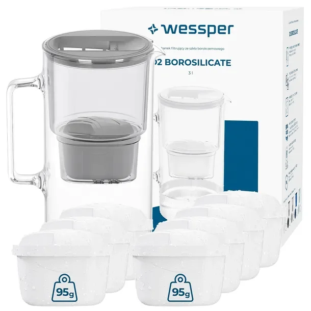 Dzbanek filtrujący szklany Wessper D2 Borosilicate 3l + 8x filtr do wody
