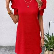 Sukienki - TEMU Czerwona sukienka A-line dla kobiet z nadrukiem na rękawach i guzikami - okrągły dekolt, długość do kolana, odzież codzienna na - miniaturka - grafika 1