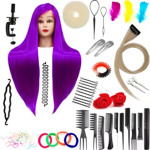 Zestaw główka treningowa Ilsa 80 Purple, włos syntetyczny + 80 akcesoriów + uchwyt, fryzjerska do czesania, głowa do ćwiczeń - Główki treningowe - miniaturka - grafika 1