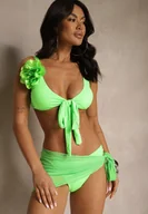 Stroje kąpielowe - Jasnozielone Bikini Majtki Figi Biustonosz z Broszką Kwiatu 3D i Siateczkowe Pareo Folissa - miniaturka - grafika 1