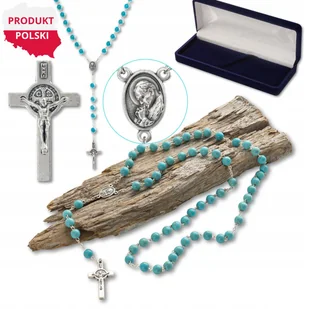 Różaniec Z Kamieni Naturalnych Turkus 8mm – Ręcznie Składany W Polsce, Posrebrzane Elementy Włoskie, Krzyż Św. Benedykta, Prezent Dla Osoby Wierzące.. - Naszyjniki - miniaturka - grafika 1