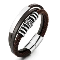 Bransolety męskie - Bransoletka męska skórzana brązowa srebrna stal 316L prezent 23cm - miniaturka - grafika 1