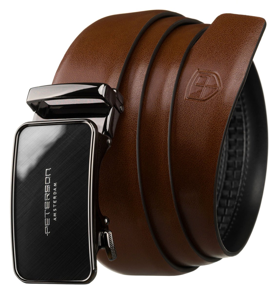 Garniturowy pasek męski ze skóry naturalnej PETERSON brązowy z automatyczną czarną klamrą 115 elegancki casualowy do spodni