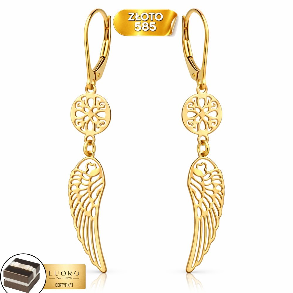 KOLCZYKI ZŁOTE 585 14K AŻUROWE KÓŁECZKO SKRZYDŁO DŁUGOŚĆ 47 MM