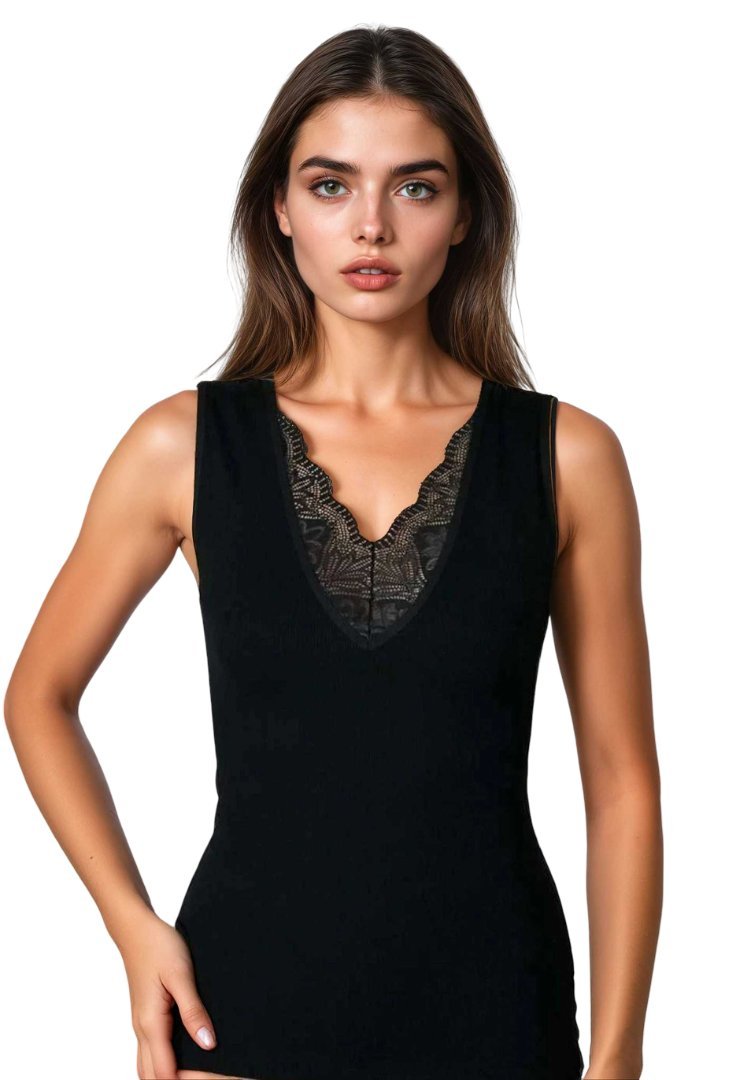 Koszulka damska na szerokich ramiączkach z koronką Ovena czarna L