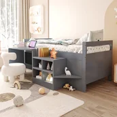 Łóżka dla dzieci i młodzieży - Łóżko dziecięce 90 x 200 cm z zagłówkiem, biurkiem i gniazdkami elektrycznymi - Sosna + sklejka + MDF - Szare (Materac nie jest wliczony w cenę) - miniaturka - grafika 1