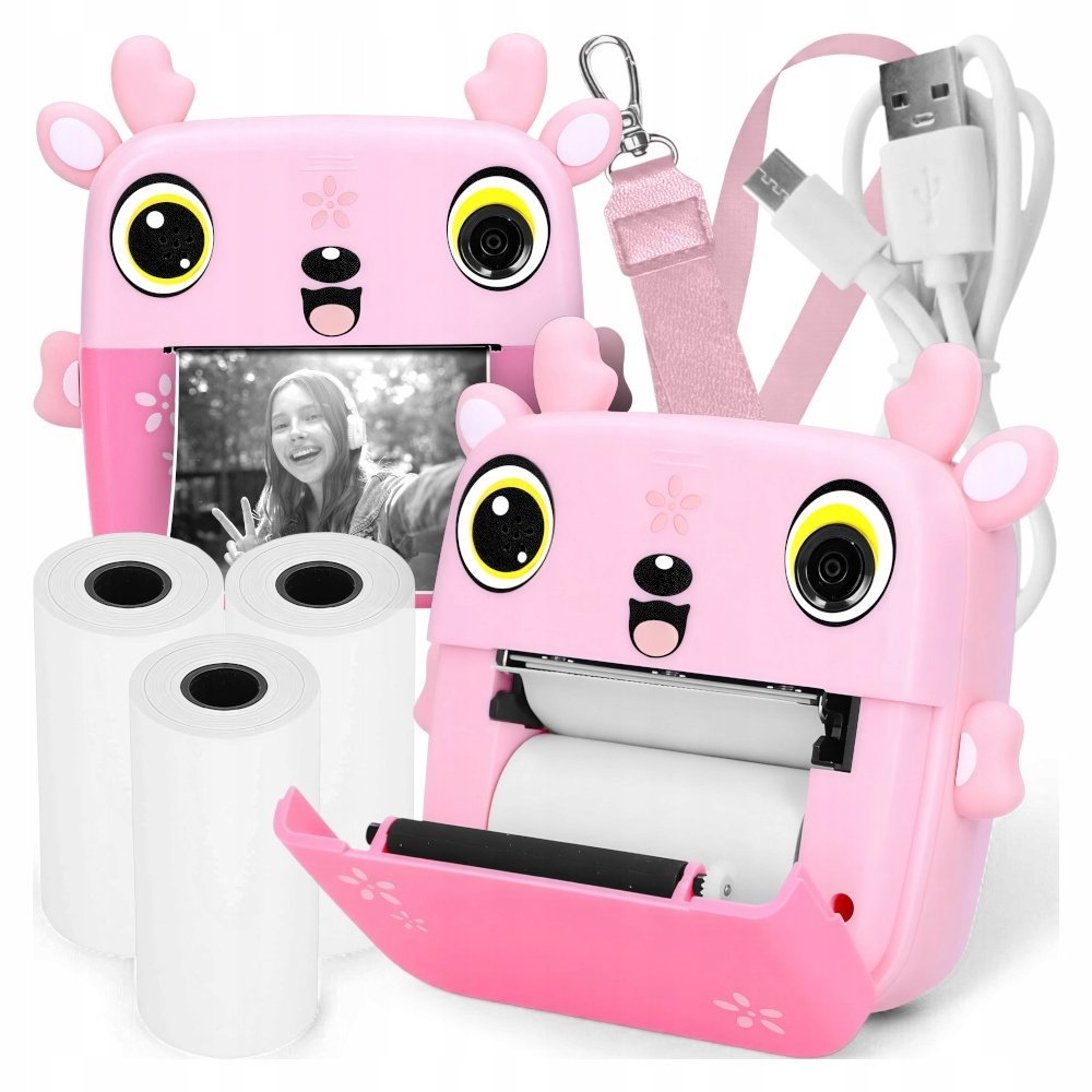 DRUKUŚ 3.0 PRO RÓŻOWY JELONEK MINI APARAT DRUKARKA TERMICZNA 3 ROLKI ZESTAW