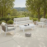 Meble ogrodowe - Zestaw mebli ogrodowych z aluminium i sznurka: sofa 3-osobowa, 2 fotele i stolik kawowy - Biały z beżowymi poduszkami - LUREYA od MYLIA - miniaturka - grafika 1