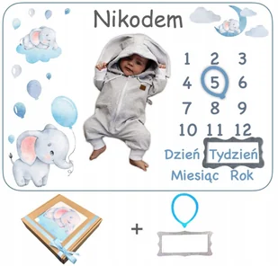 FOTOKOCYK Z IMIENIEM DZIECKA NA KOCYKU FOTO MATA ZE SŁONIKIEM I BALONAMI - Koce i narzuty dla dzieci - miniaturka - grafika 1