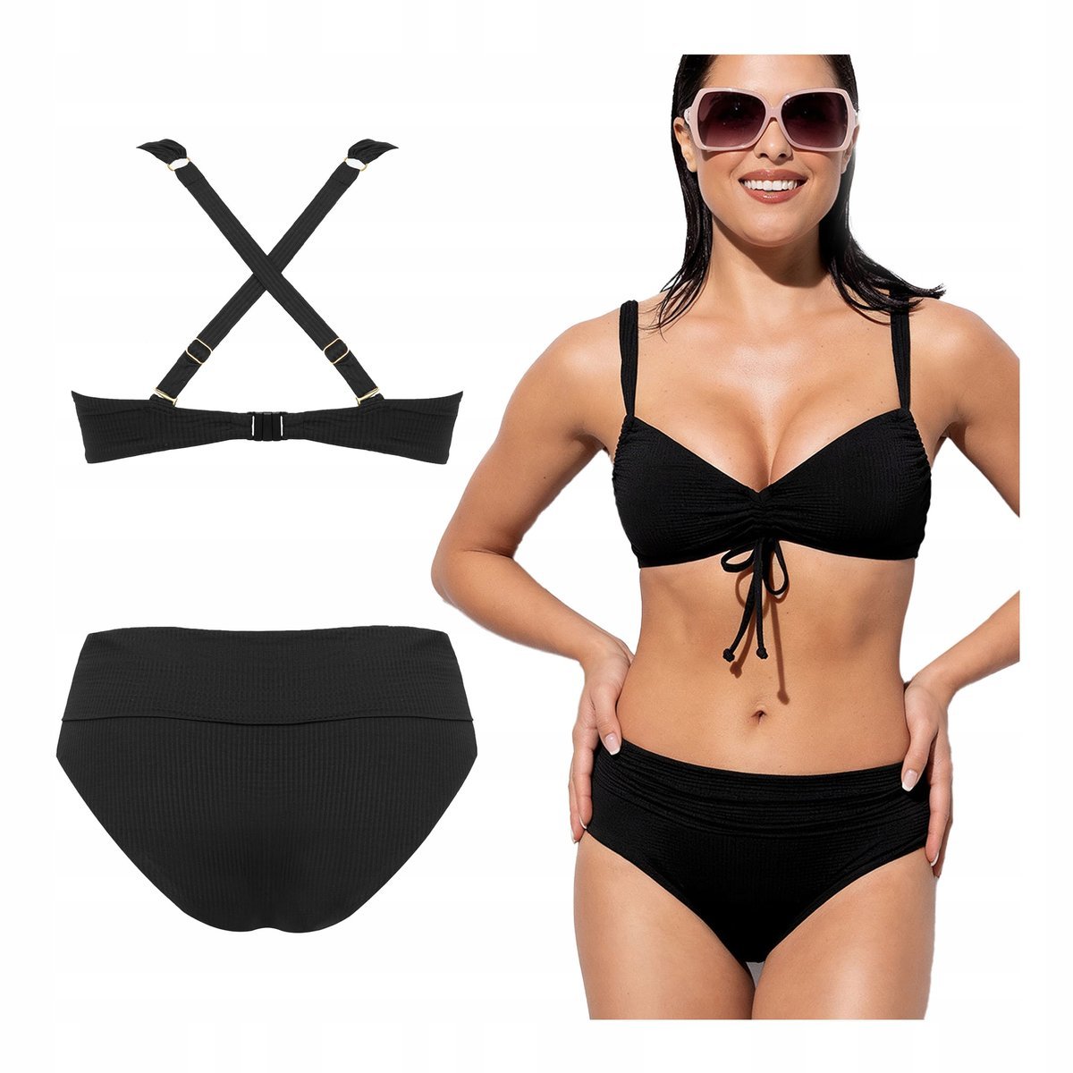 Strój kąpielowy dwuczęściowy czarny bikini majtki z wysokim stanem 75B M