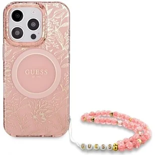 Etui GUESS IML Flowers Allover Electro With Pearl Strap MagSafe do Apple iPhone 16 Pro Różowy - Etui i futerały do telefonów - miniaturka - grafika 1