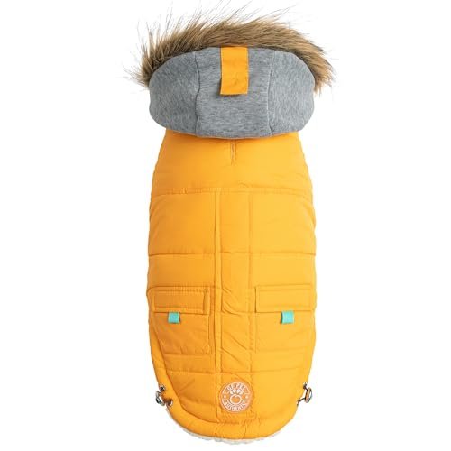 GF Pet Parka dla psa, kurtka zimowa, żeglarz, ciepły płaszcz dla psów, podszewka polarowa, wegańskie futro z kapturem, ocieplacz - żółta - rozmiar XL