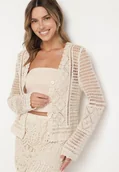 Kurtki damskie - Beżowy Ażurowy Kardigan z Bawełny Kolurelle - miniaturka - grafika 1