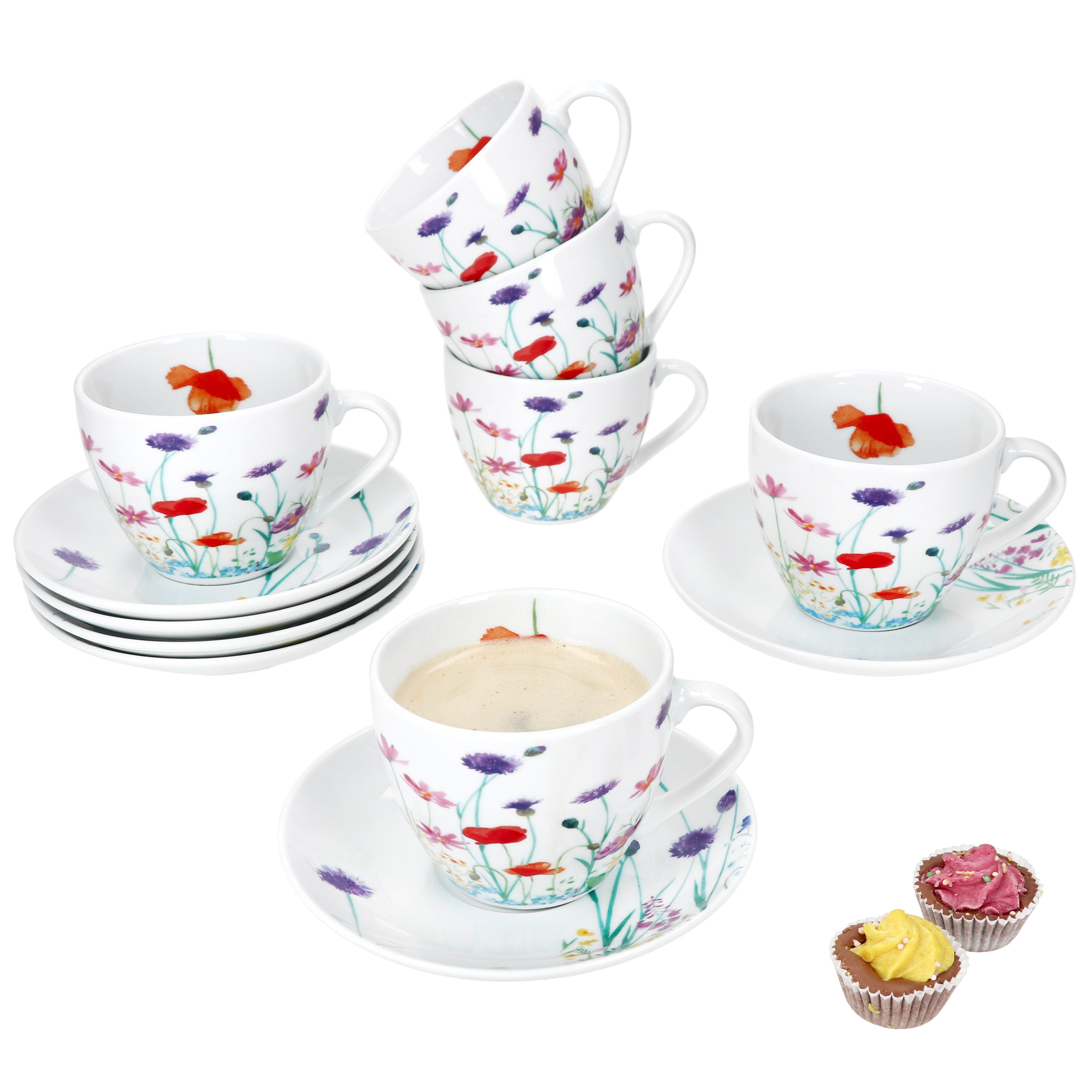 zestaw 6 filiżanek do kawy Marie ze spodkami 6 osób porcelana herbata kakao kwiaty
