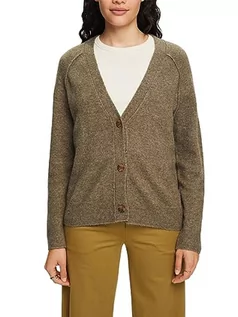 Swetry damskie - ESPRIT Kardigan zapinany na guziki z dekoltem w serek, mieszanka wełny, zielony khaki, XXL - grafika 1