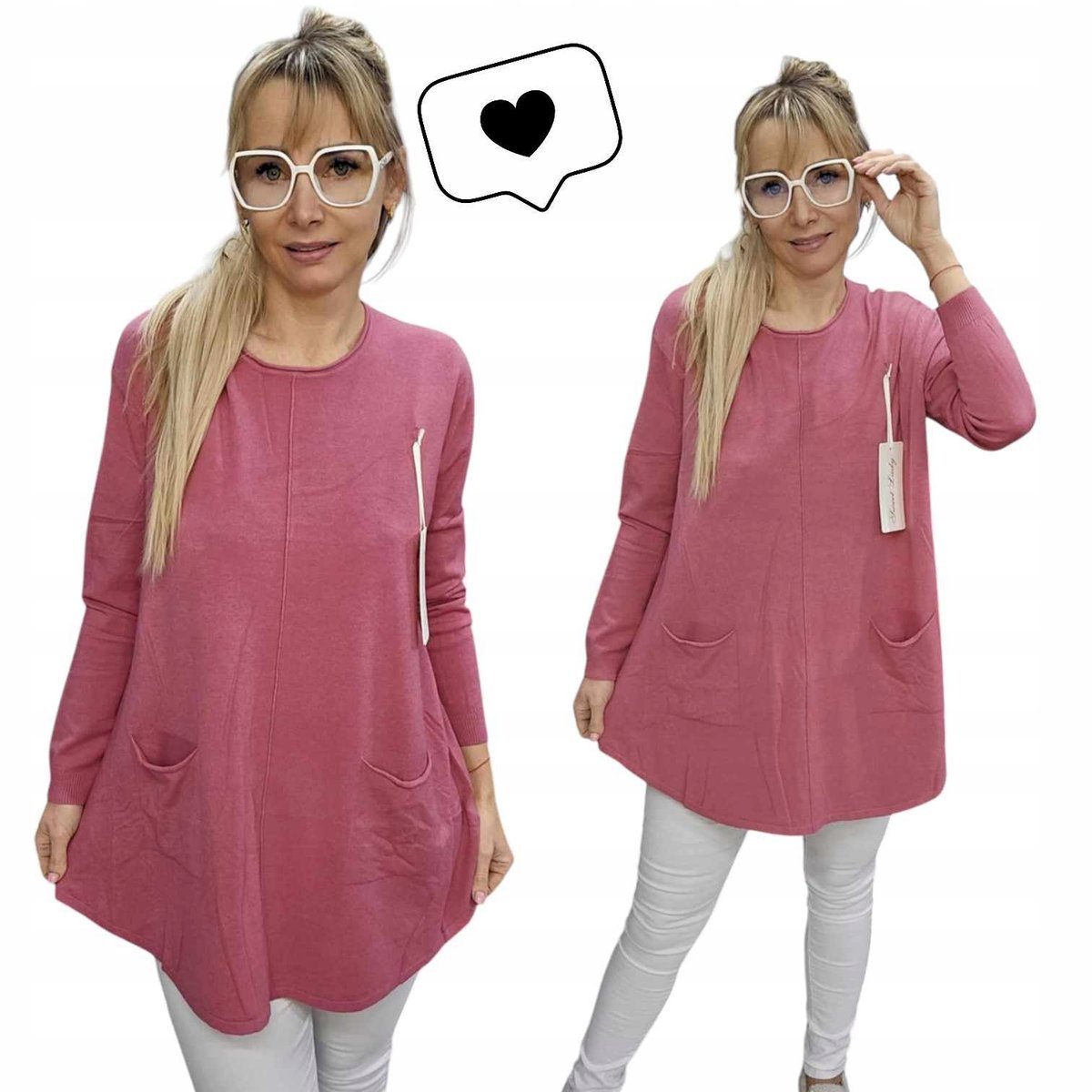 MIĘKKI SWETER DAMSKI na co dzień jak jedwab kieszonki tunika 42 44 XL 2XL
