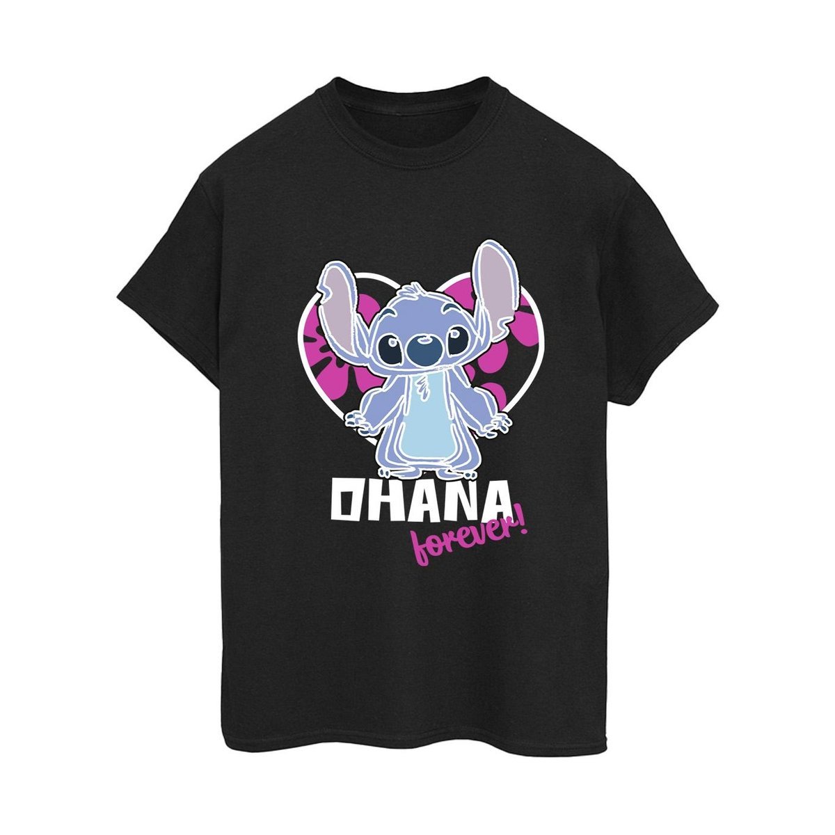 Disney Damska/ Damska Koszulka Lilo And Stitch Ohana Forever Heart Cotton Boyfriend T-Shirt (3XL / Czarny)