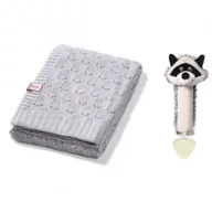 Koce i narzuty dla dzieci - Zestaw Kocyk dzianinowy bambusowy szary + Piszczek Racoon Rocky Babyono - miniaturka - grafika 1