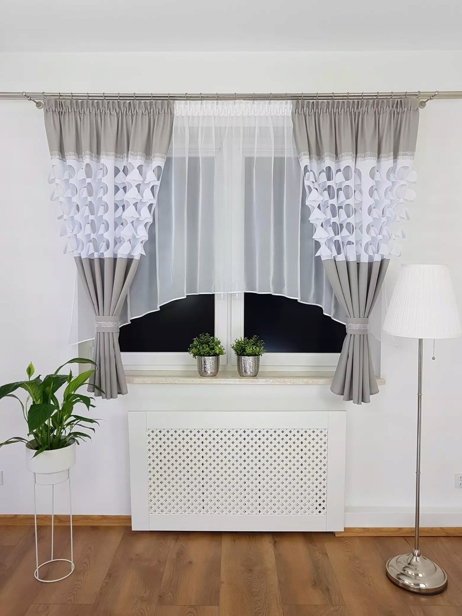 FIRANKA GOTOWA KOMPLET FIRAN Z ZASŁONAMI DO SALONU SZARE WOAL 400/160CM