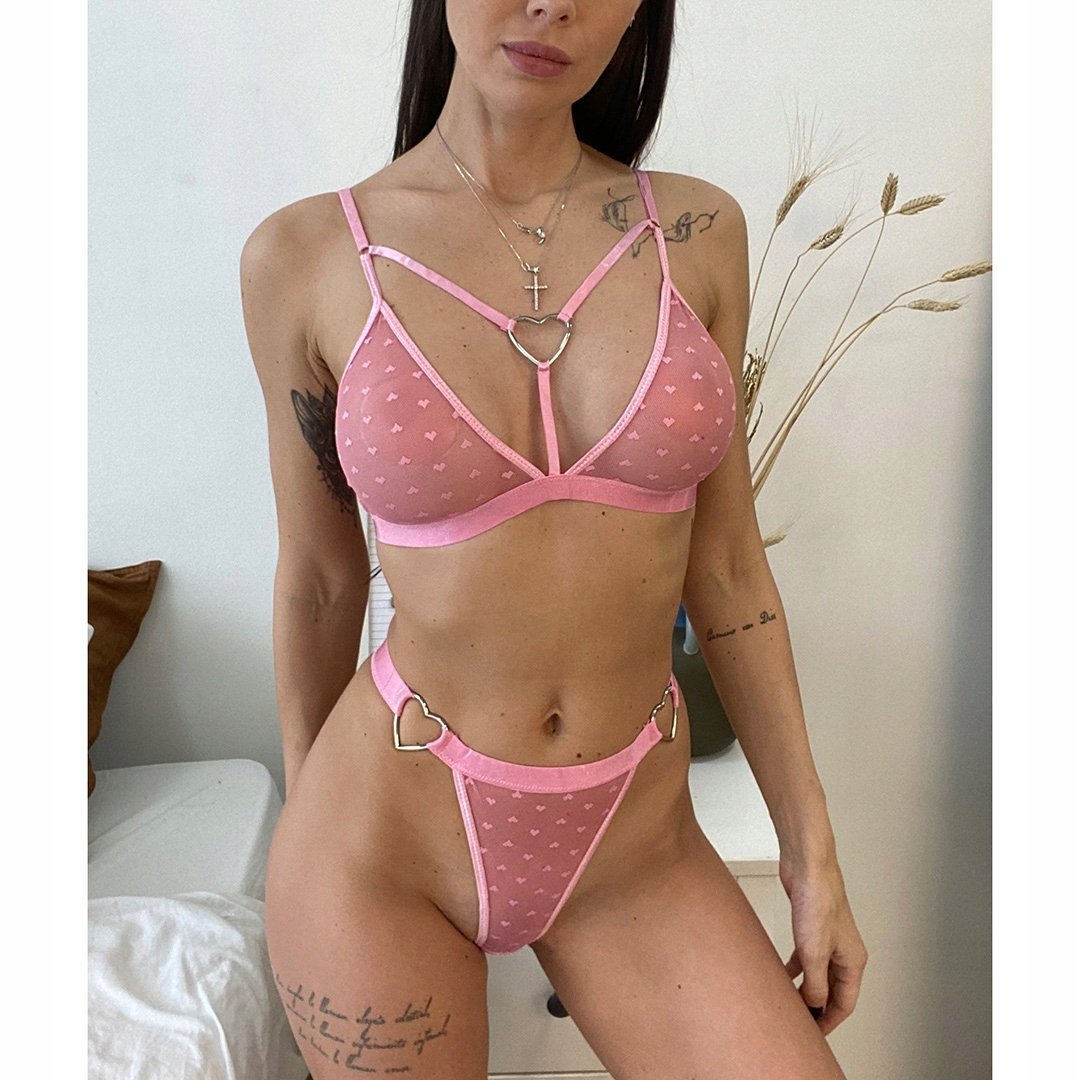 Euforia prześwitujący komplet bielizna serduszka różowy Walentynki Święta