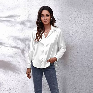 Clotth Damska koszula z długim rękawem z satynowego jedwabiu Button Down Shirt, White-XL, XL - Koszule damskie - miniaturka - grafika 1