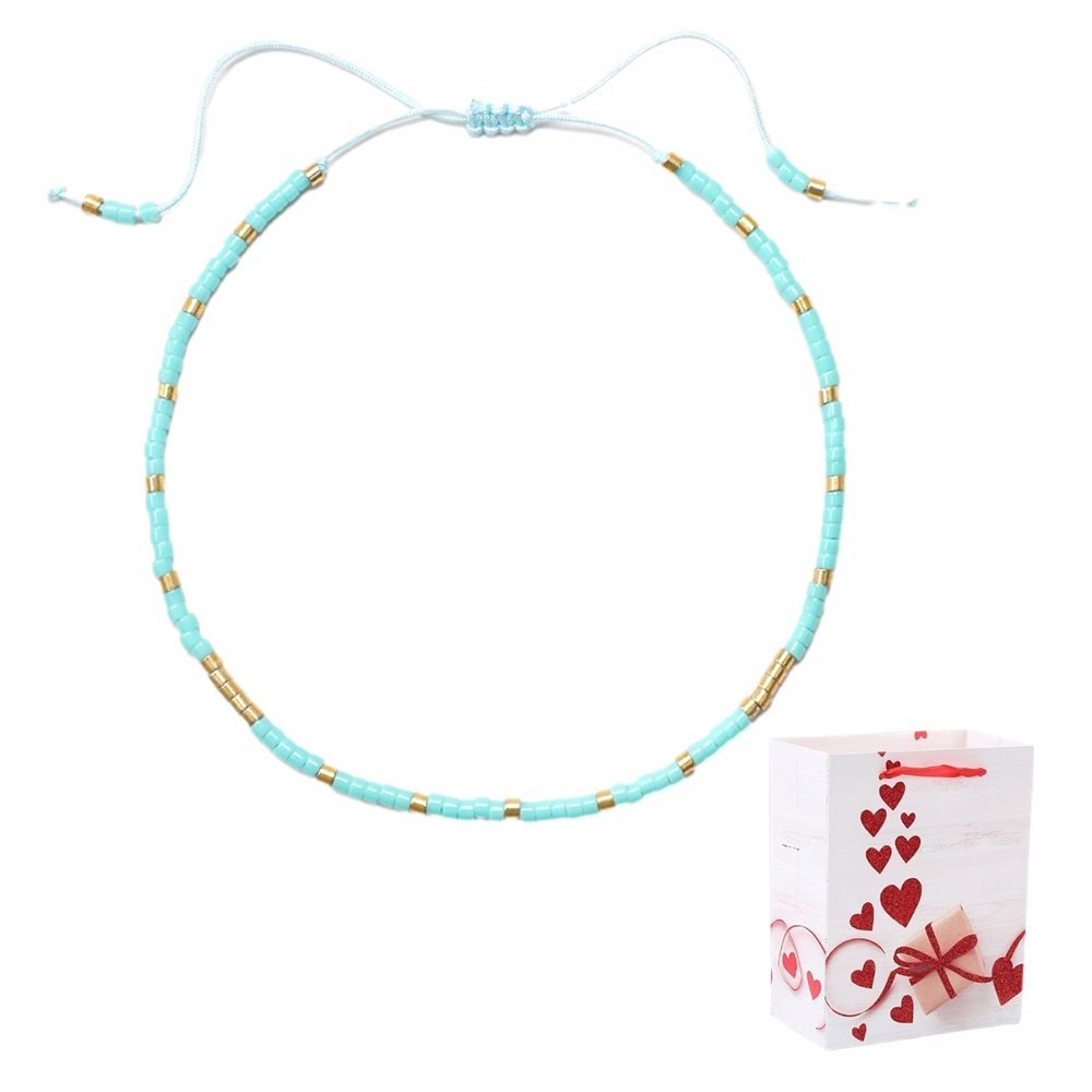 Bransoletka Cienka Złota Regulowana Koralik Szklane Miyuki Delica Turkusowa