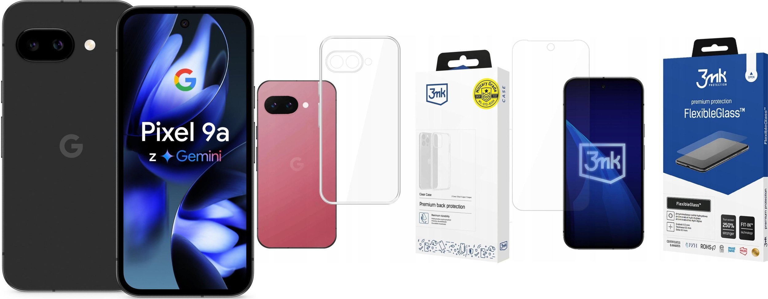 Smartfon Pixel 9A 5G 8/256GB Czarny GA09566-GB + FlexibleGlass + Etui Clear Case