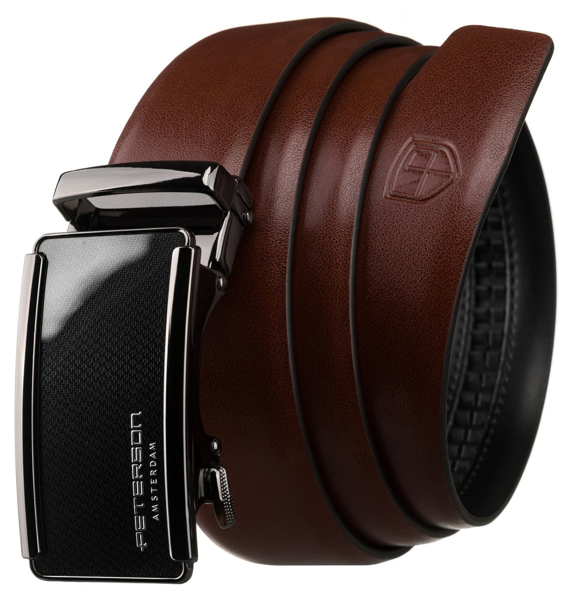 PETERSON Klasyczny brązowy pasek męski do spodni skóra naturalna automatyczny czarna klamra 105 elegancki do garnituru