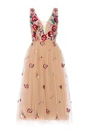 Sukienki - Swing Fashion Sukienka midi damska, elegancka sukienka, odświętna, na imprezę, wieczorowa, na wesele, bal, dekolt w serek, bez rękawów, beżowa, rozmiar 40 (L), beżowy, L - miniaturka - grafika 1