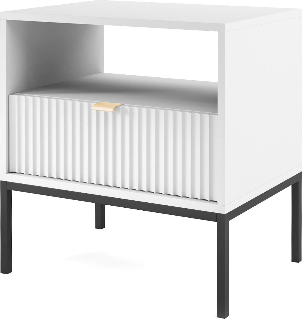 DomoHome Elegancka szafka nocna Nova - Design ze złotym uchwytem, Rowkowany front, Praktyczna i nowoczesna, Rozmiar: 54x56x39 cm, Kolor: Biały mat, Metalowe nogi - Kolor: Czarny