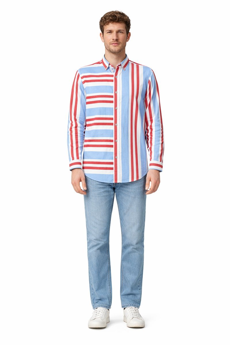 TOMMY HILFIGER KOSZULA MĘSKA CASUAL W PASKI NIEBIESKO-CZERWONE M I3A