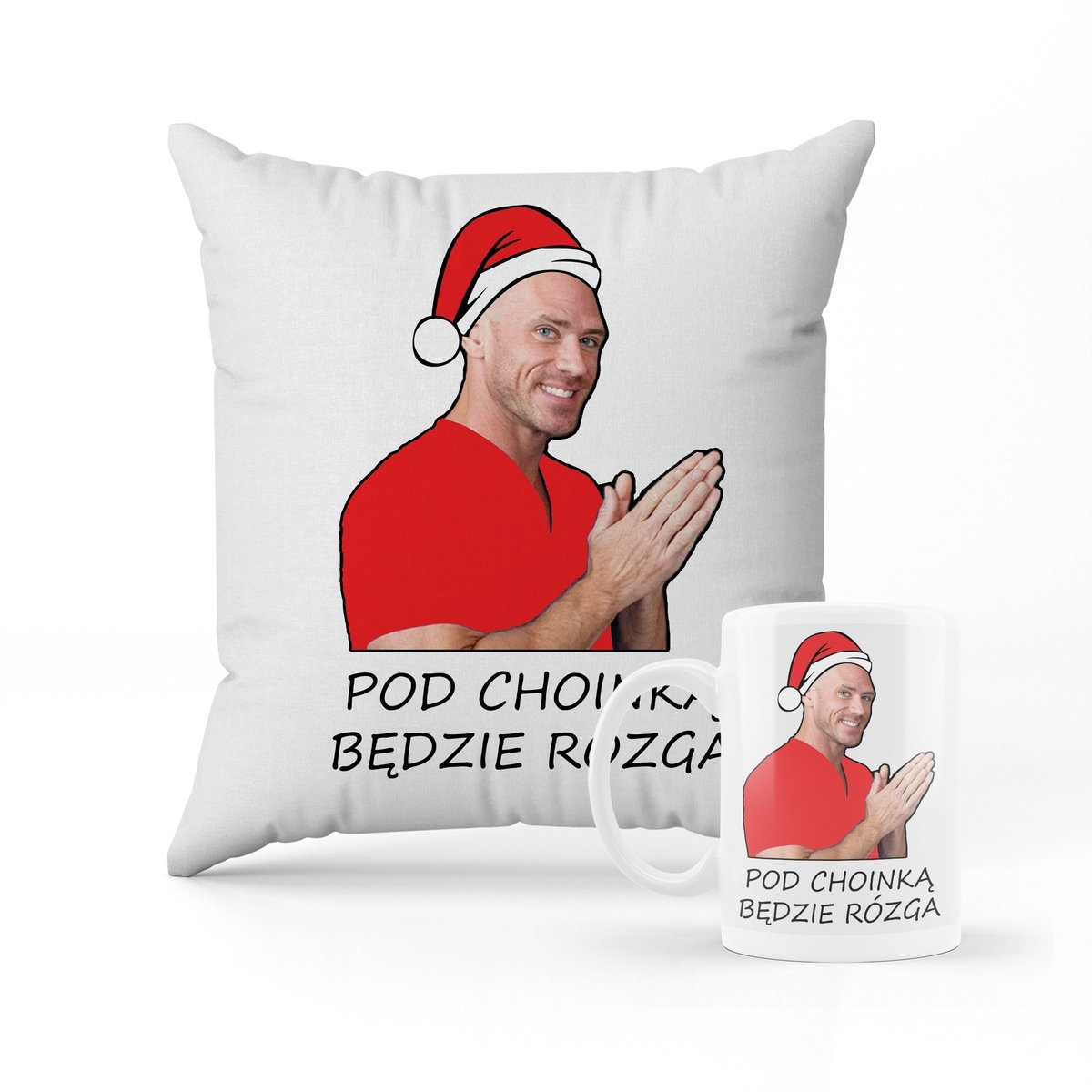 ZESTAW PODUSZKA + kubek Pod choinką będzie rózga śmieszny wzór + IMIĘ