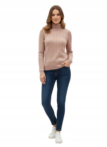 GUESS BEŻOWY SWETER Z DŁUGIM RĘKAWEM GOLF MELANŻ S GŁA