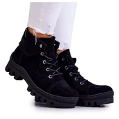 Botki damskie - S.Barski Zamszowe Botki Trapery Wiązane Czarne Dalles - miniaturka - grafika 1