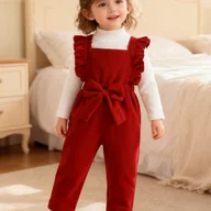 Spodnie i spodenki dla dziewczynek - TEMU Dziewczęcy ciepły czerwony kombinezon z falbankami na rękawach i kokardką - ciepły kombinezon z długim rękawem, wygodne spodnie z szerokimi - miniaturka - grafika 1
