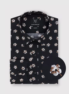 Koszule męskie - Granatowa koszula męska w wyraziste kwiaty - grafika 1